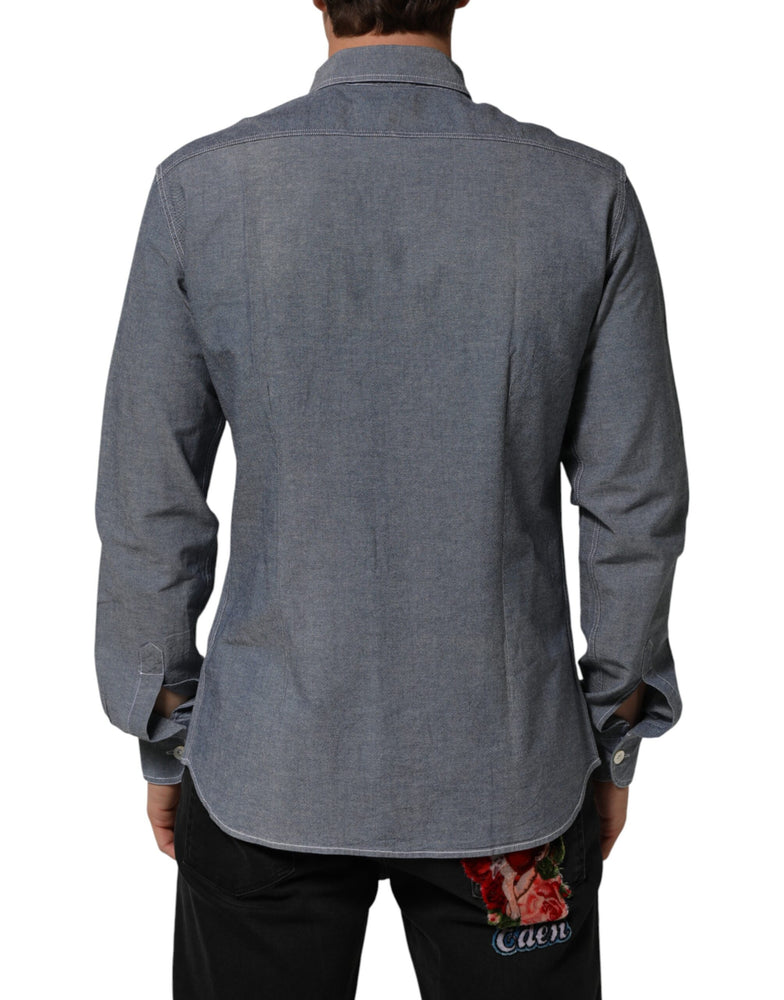 AGLINI Blue Denim Regular Fit Collared Long Sleeve Casual Shirt