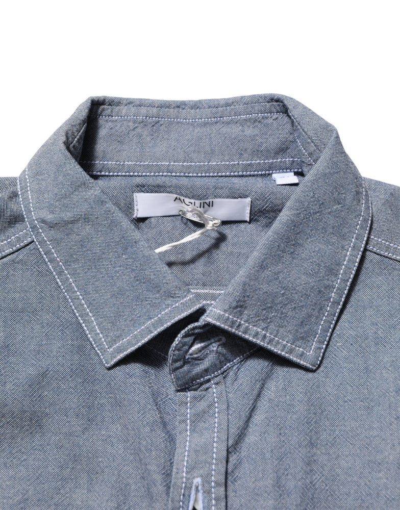 AGLINI Blue Denim Regular Fit Collared Long Sleeve Casual Shirt