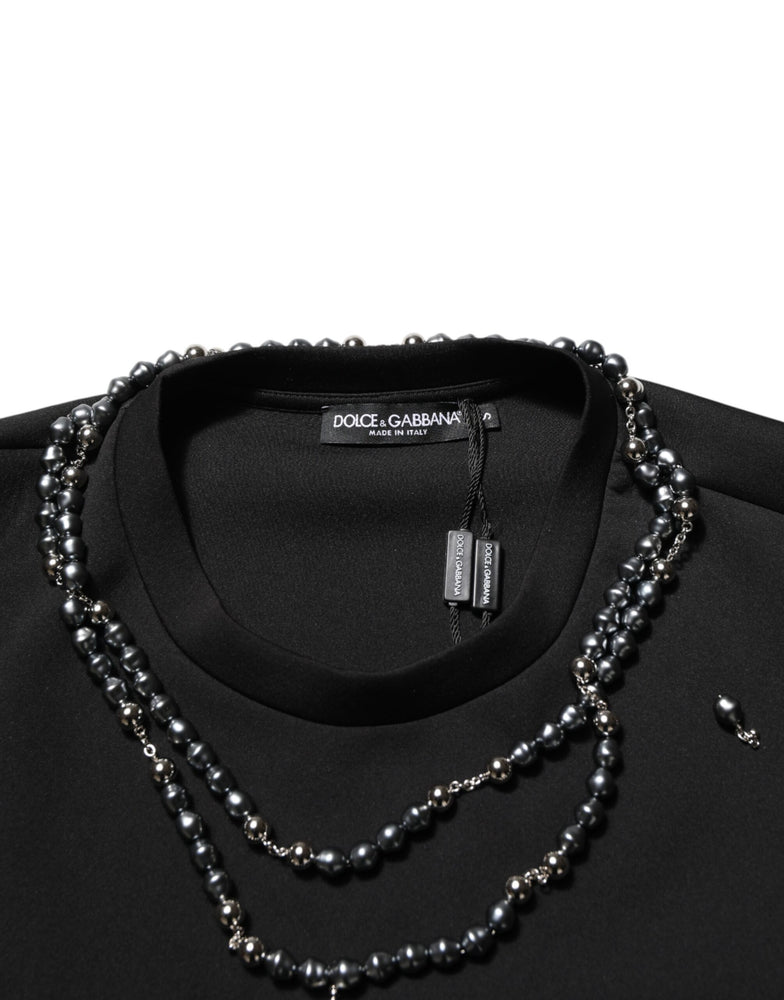 Dolce & Gabbana Black Polyester Necklace Embellished T-shirt