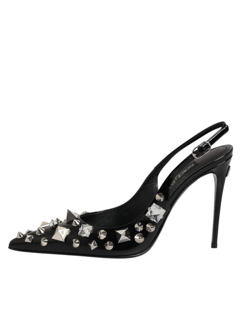 Dolce & Gabbana Black Studded Leather Heels Slingbacks Shoes