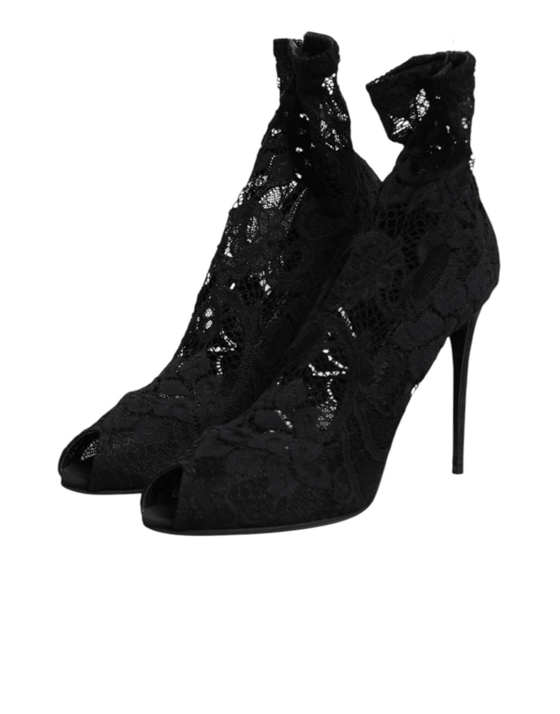 Dolce & Gabbana Black Stretch Taormina Lace Boots Shoes