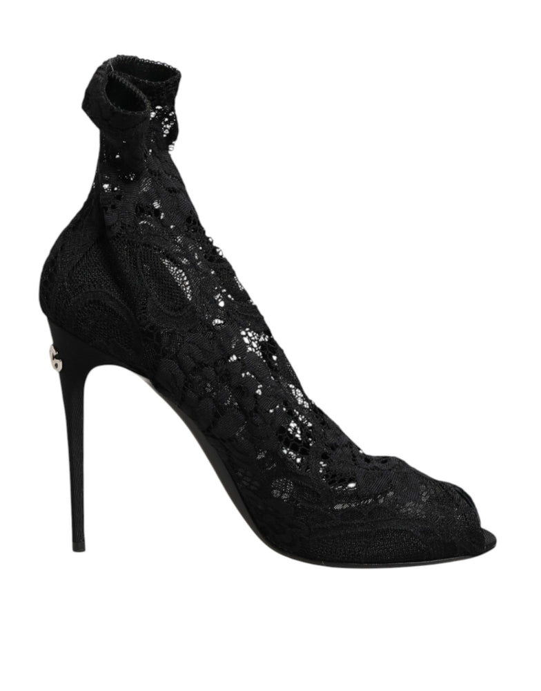 Dolce & Gabbana Black Stretch Taormina Lace Boots Shoes