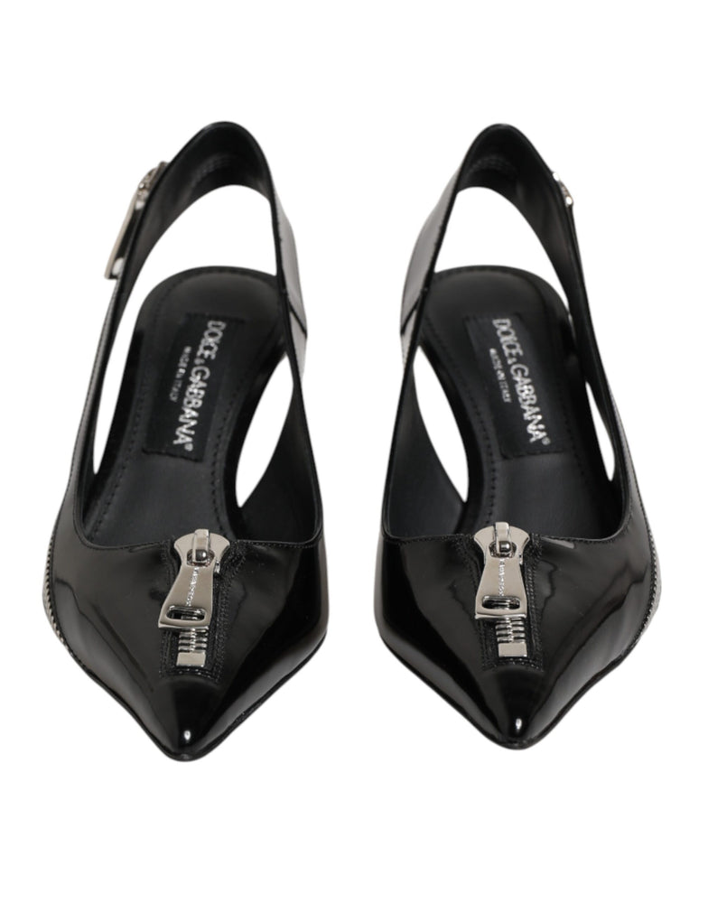 Dolce & Gabbana Black Zipper Leather Heels Slingbacks Shoes