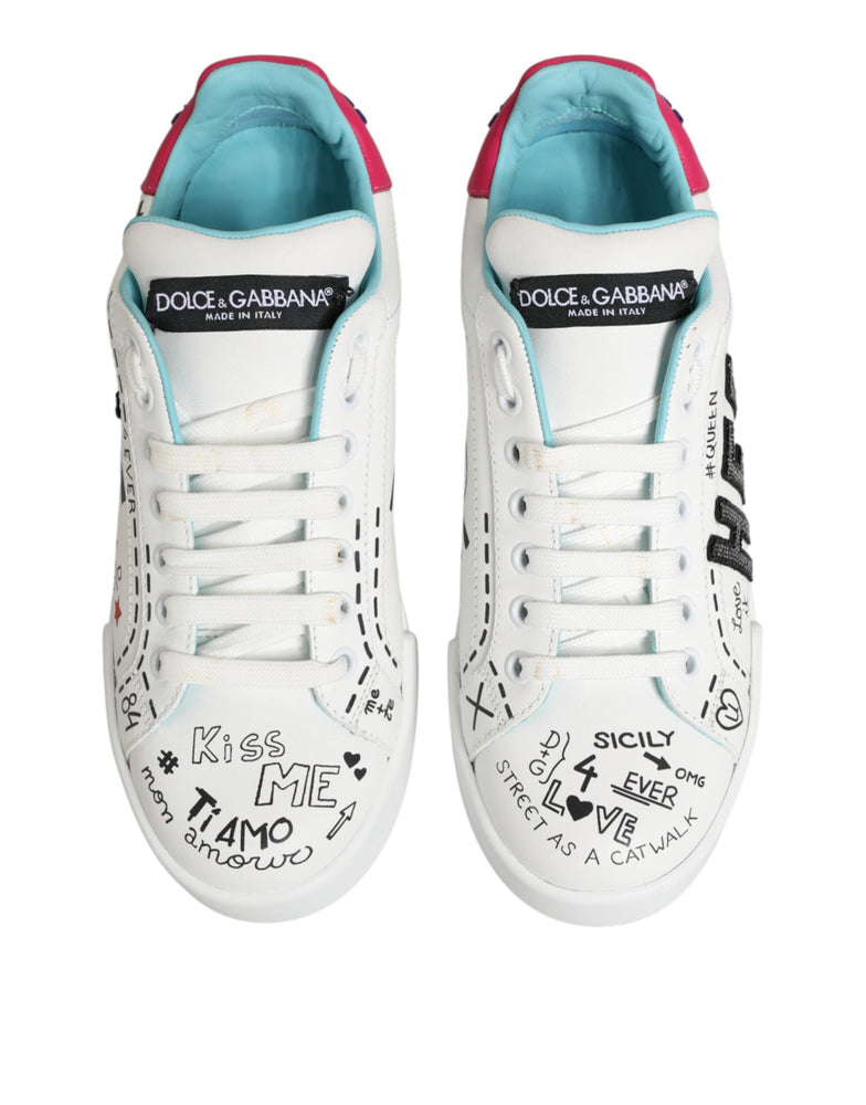 Dolce & Gabbana White Leather Graffiti Low Top Sneakers Shoes