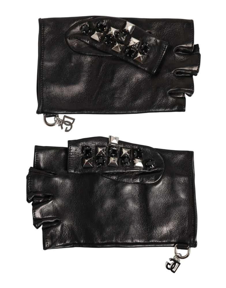 Dolce & Gabbana Black Leather Studded Fingerless Hand Mitten Men Gloves