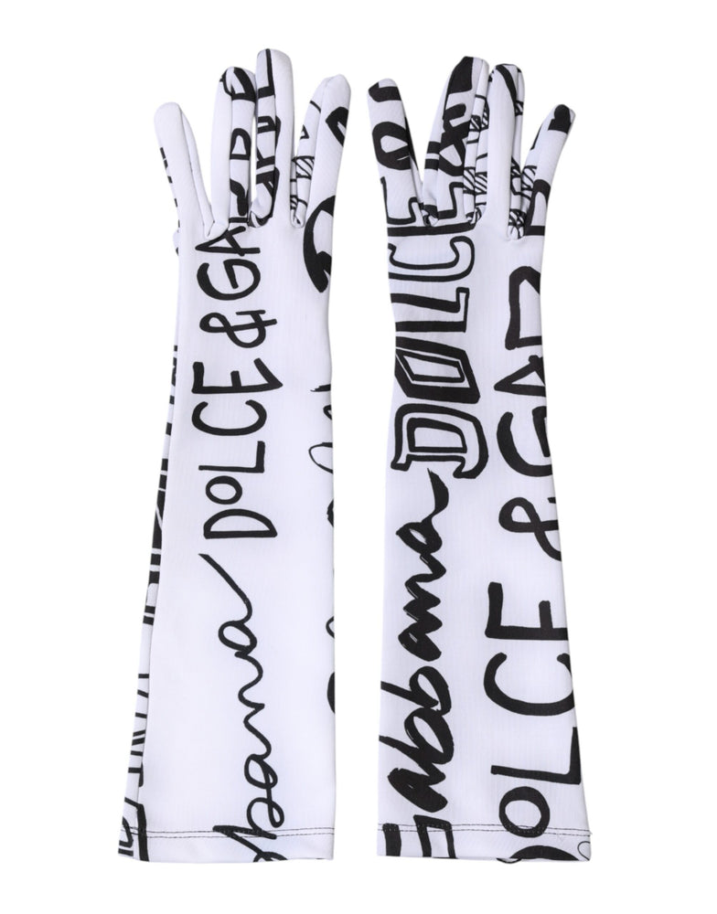 Dolce & Gabbana Black White DG Logo Elbow Length Mitten  Gloves