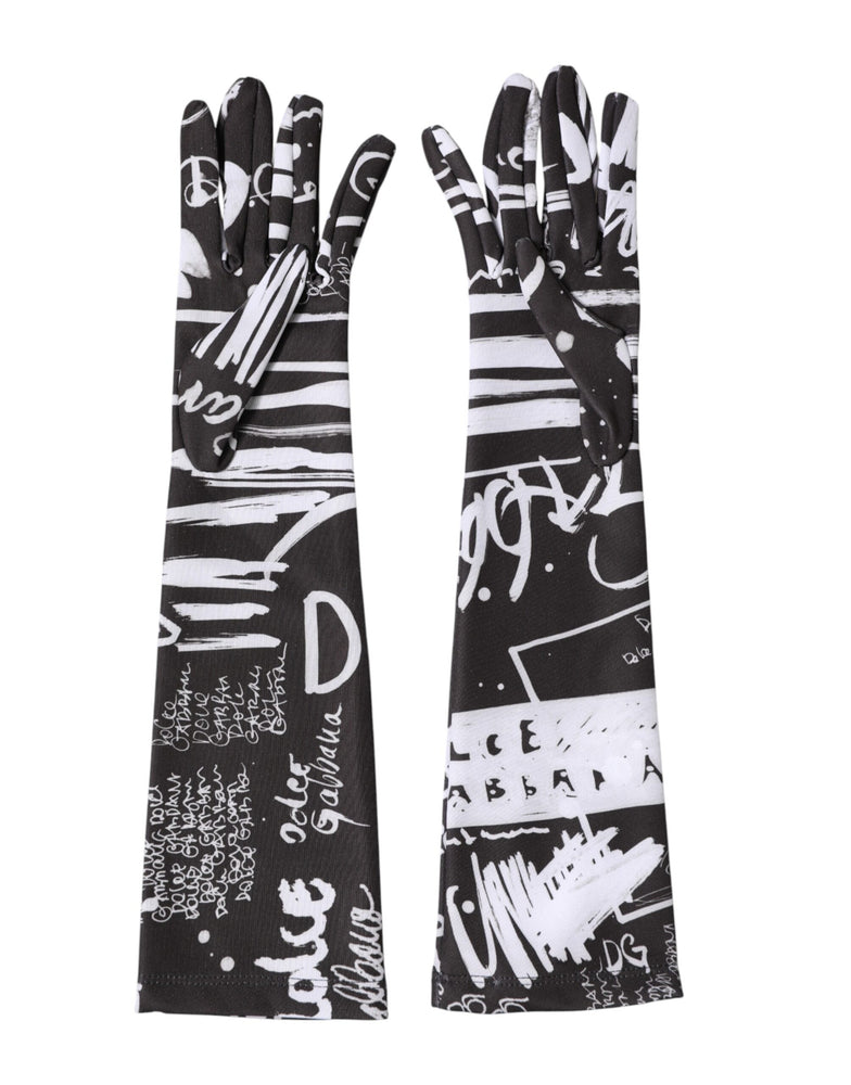 Dolce & Gabbana Black White DG Logo Elbow Length Mitten Gloves
