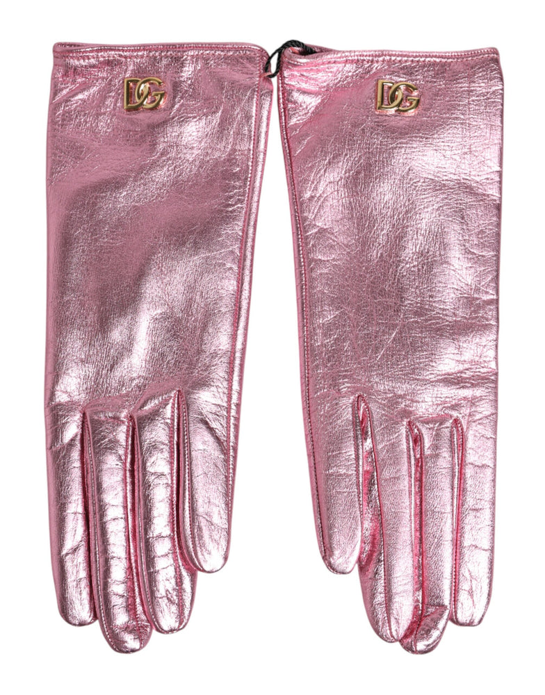Dolce & Gabbana Pink Leather DG Logo Wrist Length Mitten Gloves