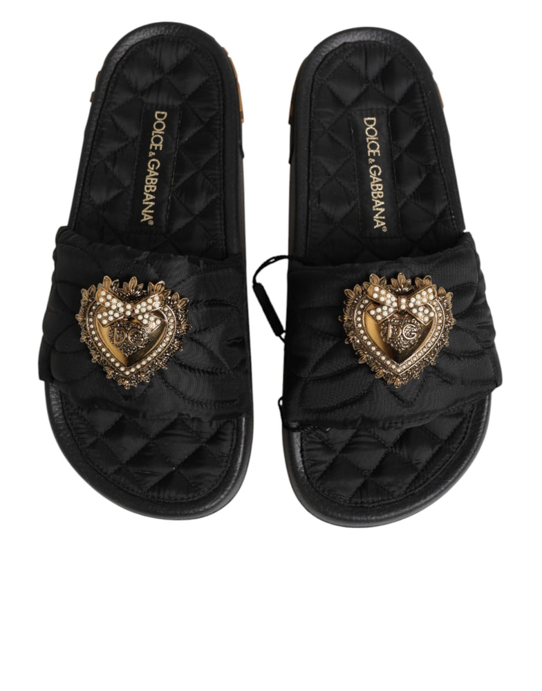 Dolce & Gabbana Black Devotion Matelassé Leather Slides Shoes