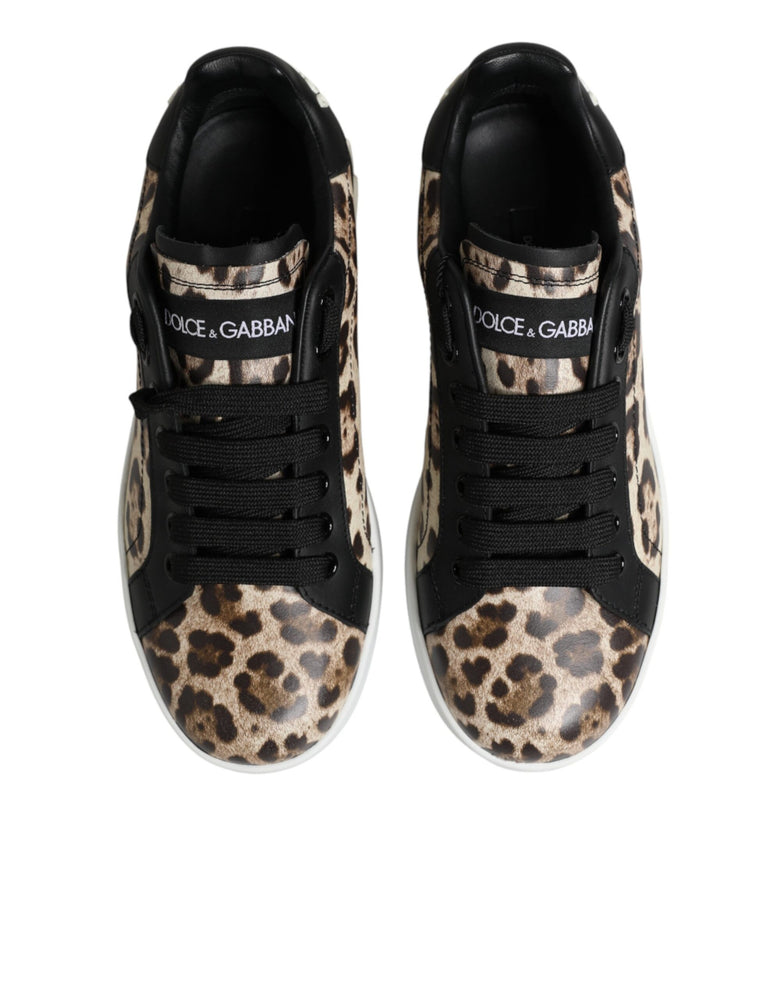 Dolce & Gabbana Brown Leather Leopard Low Top Sneakers Shoes