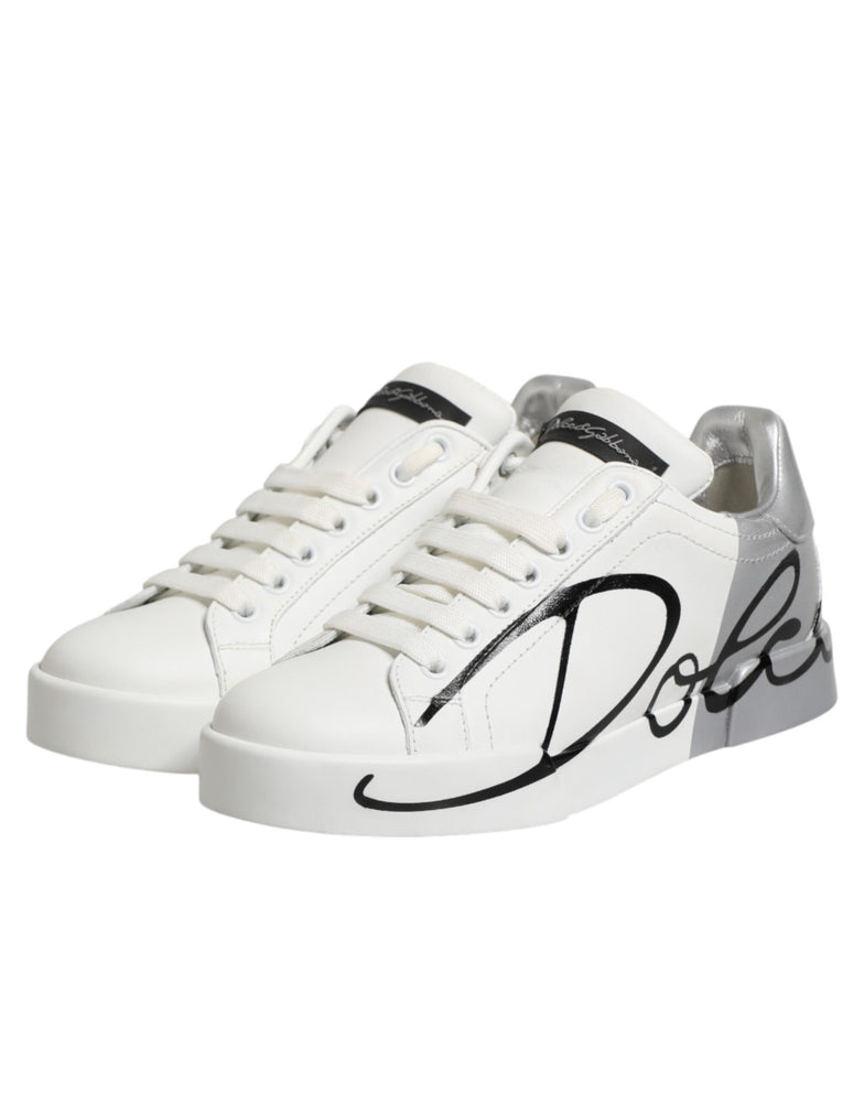 Dolce & Gabbana White Gray Low Top Leather Sneaker Shoes