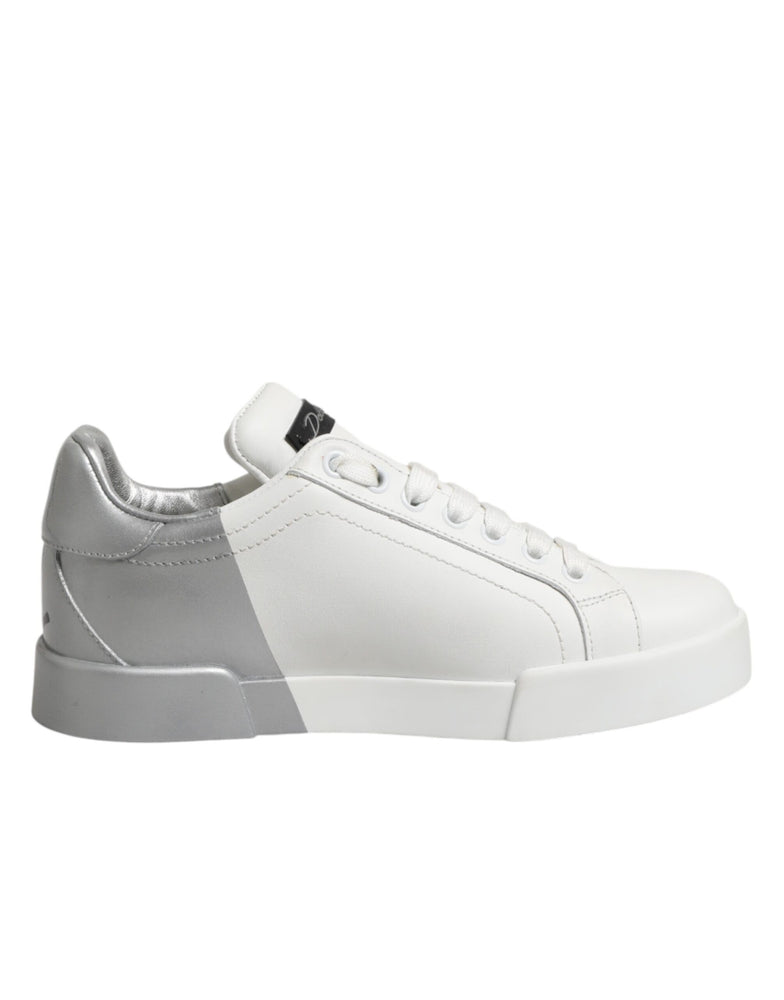 Dolce & Gabbana White Gray Low Top Leather Sneaker Shoes