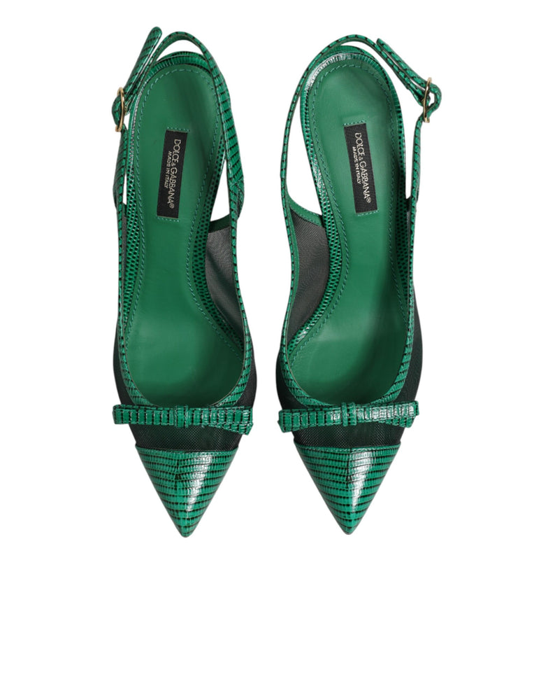 Dolce & Gabbana Green Leather Mesh Heels Slingback  Shoes