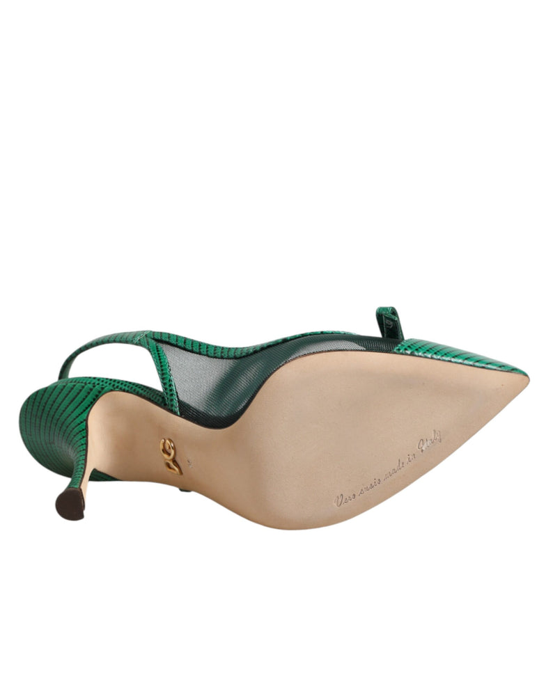Dolce & Gabbana Green Leather Mesh Heels Slingback  Shoes