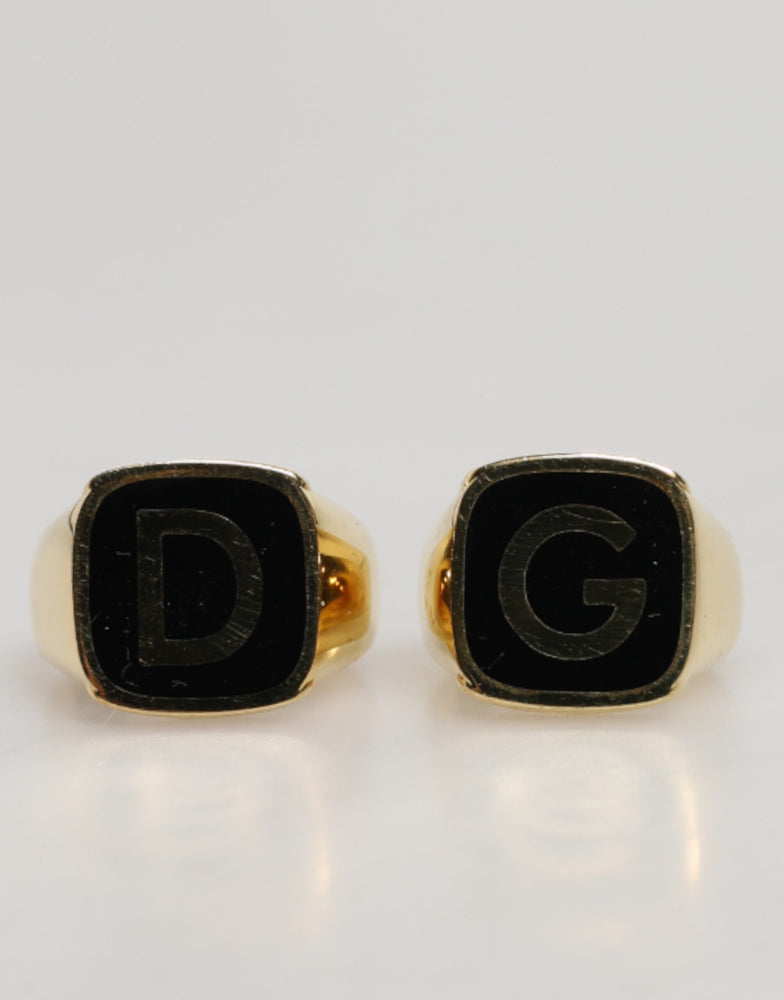 Dolce & Gabbana Gold-Tone Real Brass Black Enamel "DG" Adjustable Rings