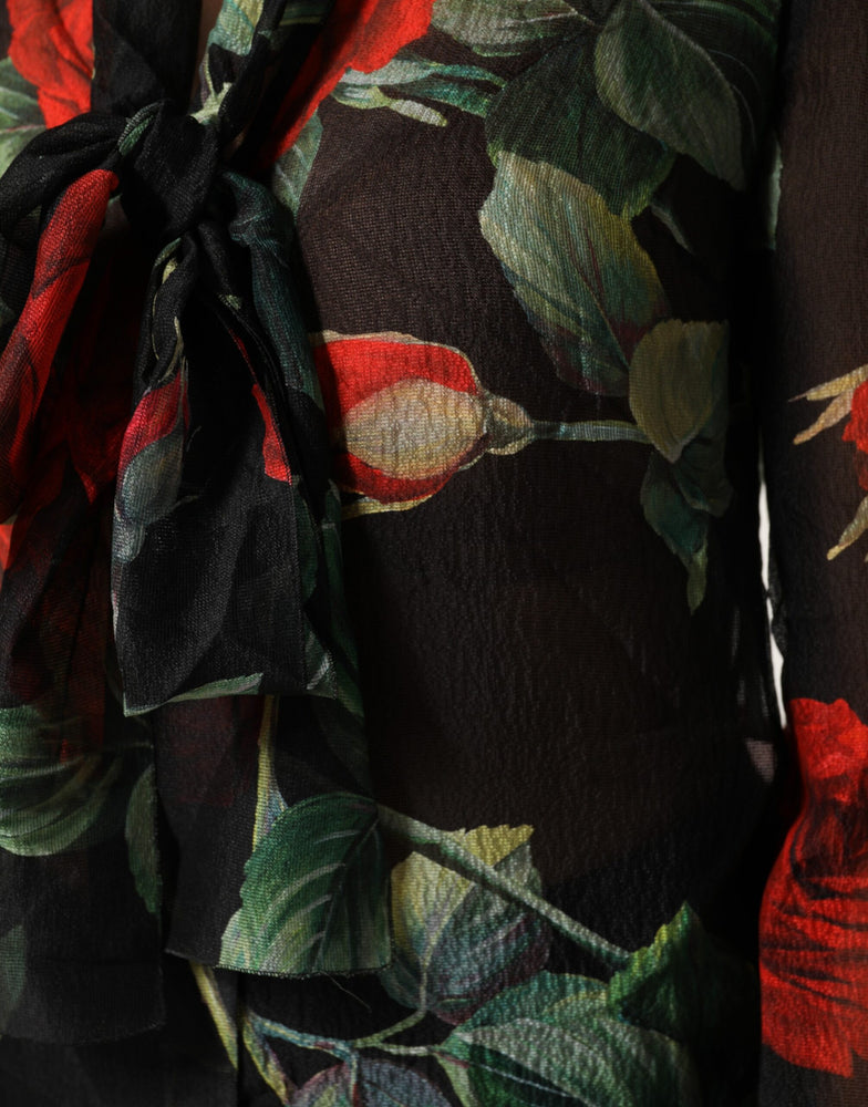 Dolce & Gabbana Black Floral Long Sleeves Silk Blouse Top