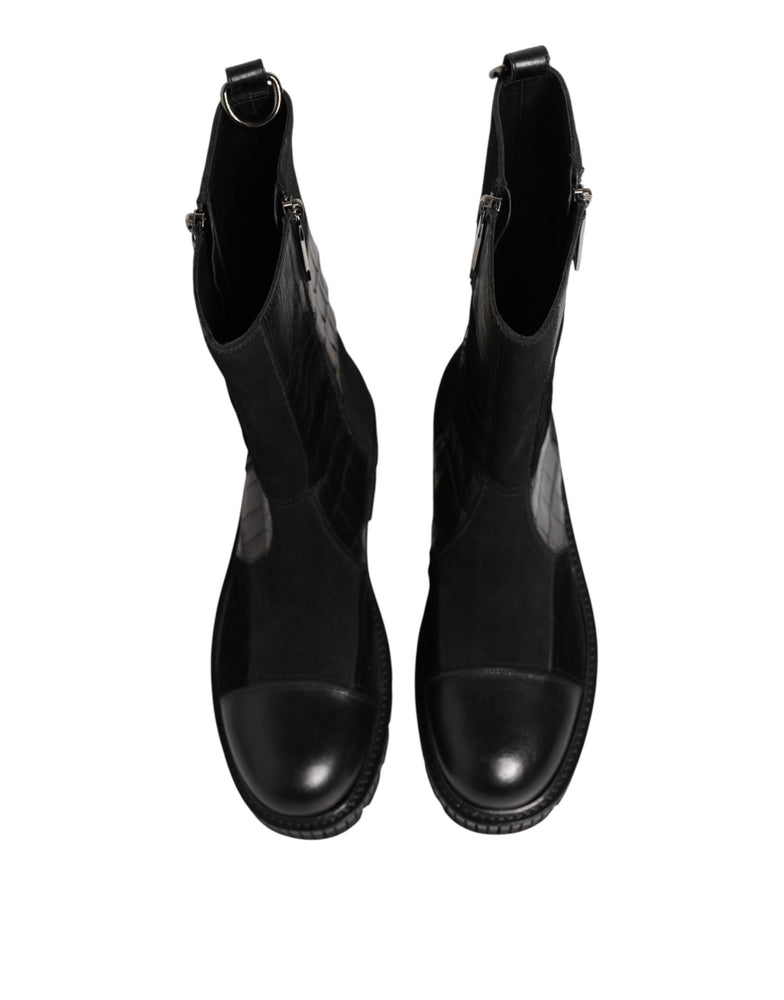 Dolce & Gabbana Black Patchwork Leather Mid Calf Boot  Shoes