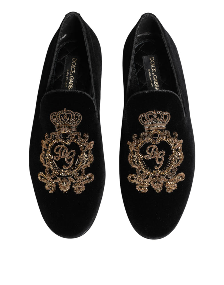 Dolce & Gabbana Black Velvet Gold Crown Mens Loafers Shoes