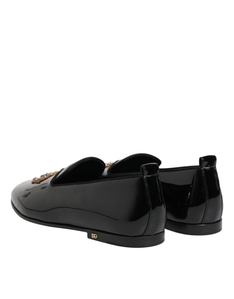 Dolce & Gabbana Black Leather Gold Crown Mens Loafers Shoes