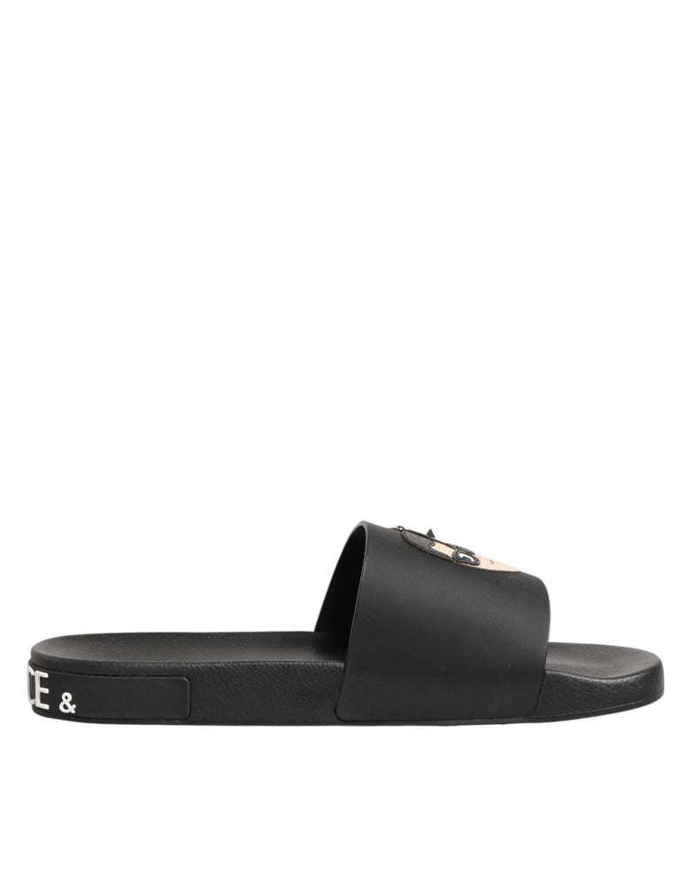 Dolce & Gabbana Black Leather Slides Sandals Beachwear Shoes
