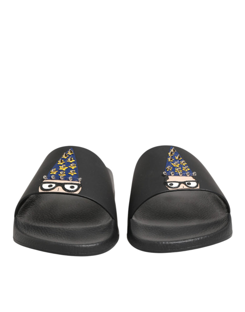 Dolce & Gabbana Black Leather Slides Sandals Beachwear Shoes