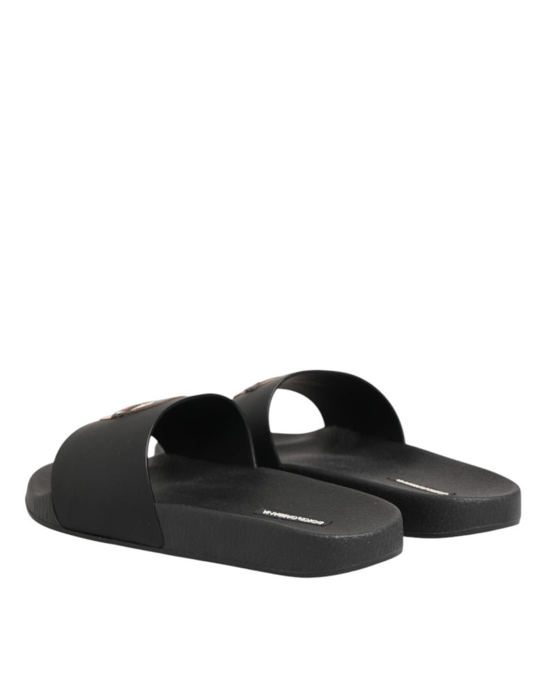 Dolce & Gabbana Black Leather Slides Sandals Beachwear Shoes