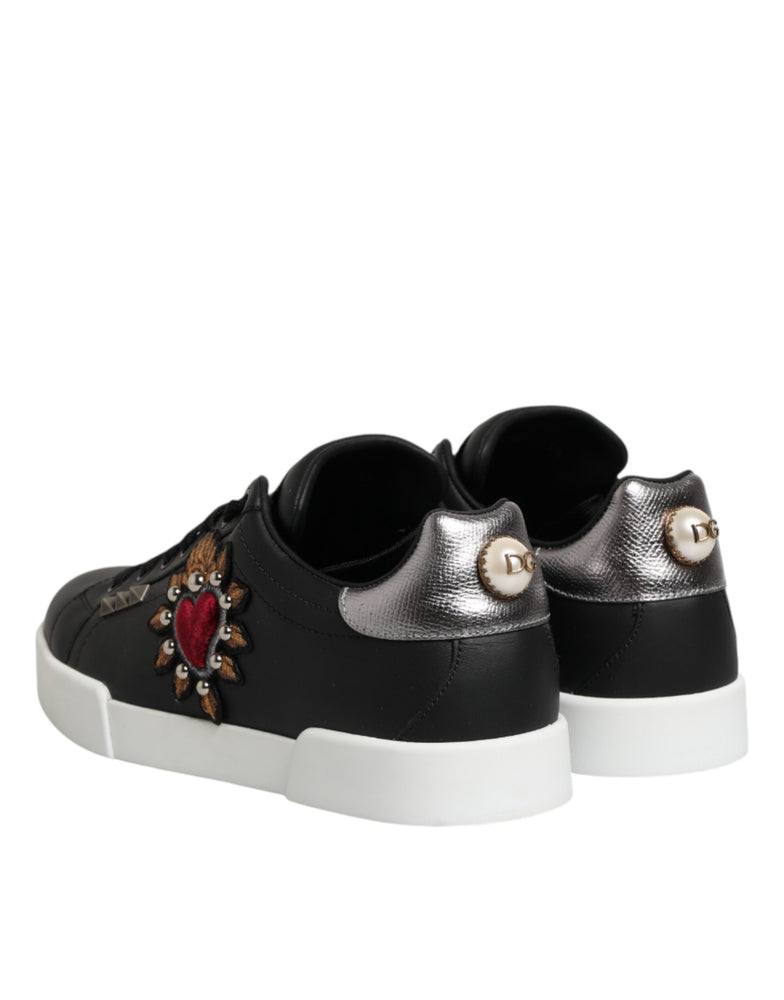 Dolce & Gabbana Black Leather Heart Embellished Sneakers Shoes