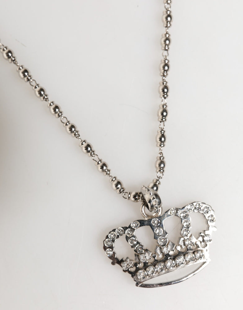 Dolce & Gabbana Silver Tone Brass Chain Crown Crystal Pendant  Necklace