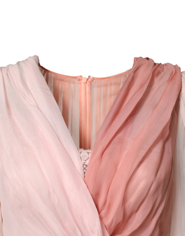 Dolce & Gabbana Pink Silk Tulle Long Sleeve V-neck Dress
