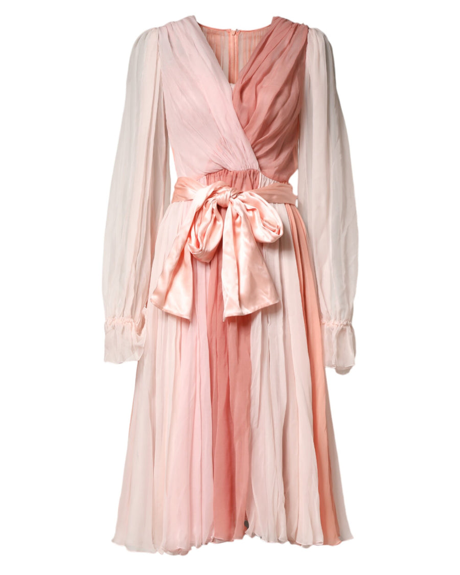 Dolce & Gabbana Pink Silk Tulle Long Sleeve V-neck Dress