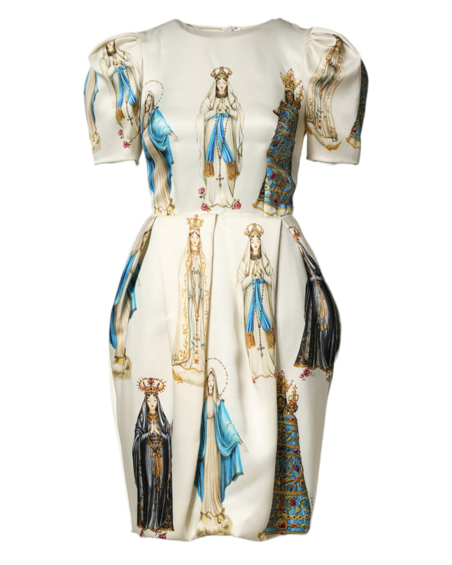 Dolce & Gabbana Beige Madonne Print Silk Short Sleeve Dress