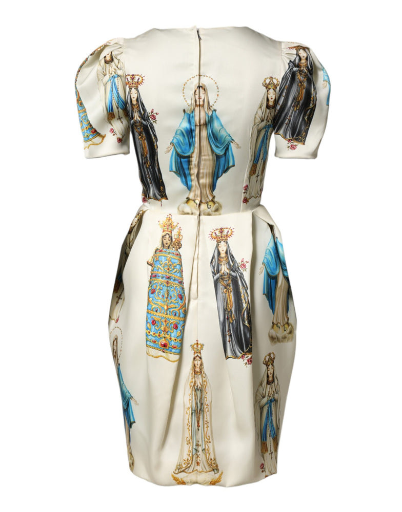 Dolce & Gabbana Beige Madonne Print Silk Short Sleeve Dress