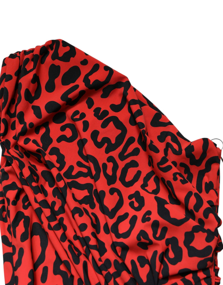 Dolce & Gabbana Red Leopard Print Nylon Sheath Midi Dress