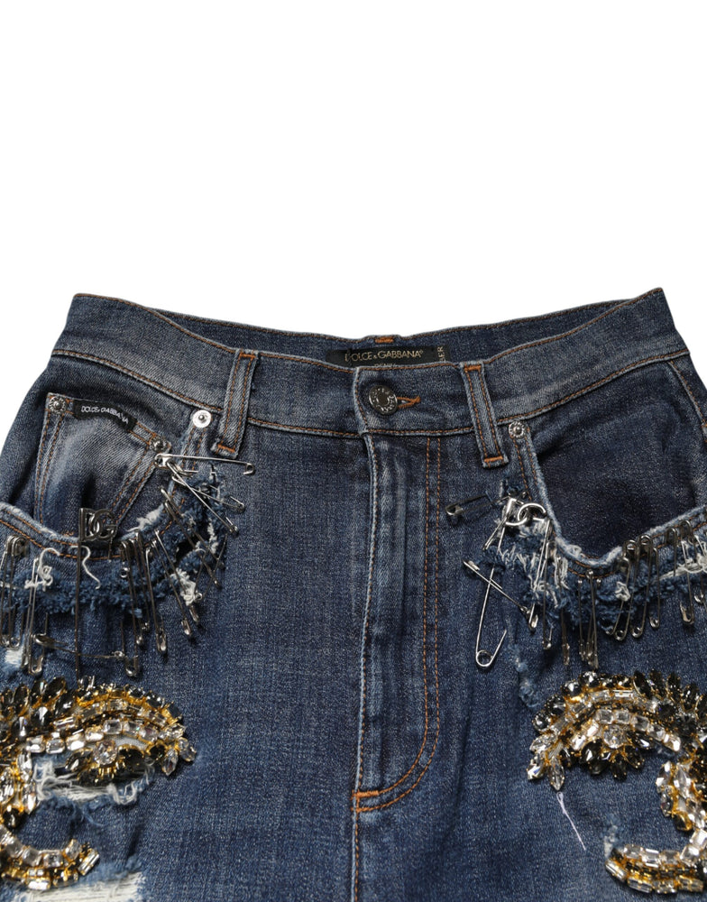 Dolce & Gabbana Blue Cotton Rhinestone Embellish Denim Jeans