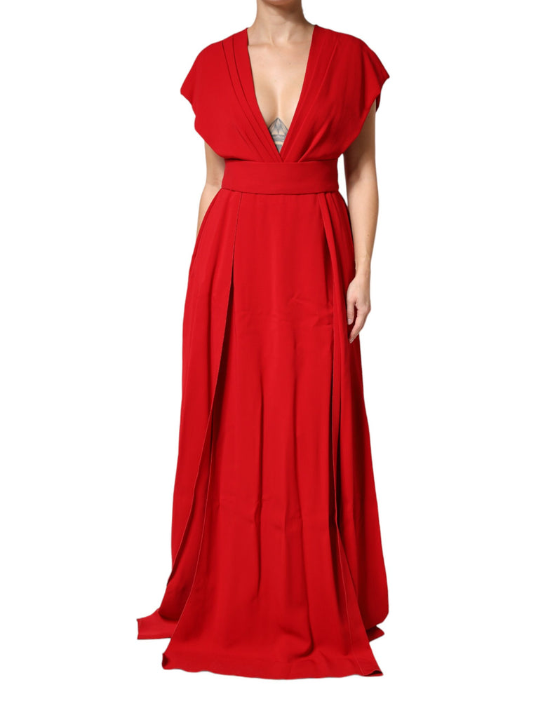Dolce & Gabbana Red Viscose Plunging Neckline Long Maxi Dress