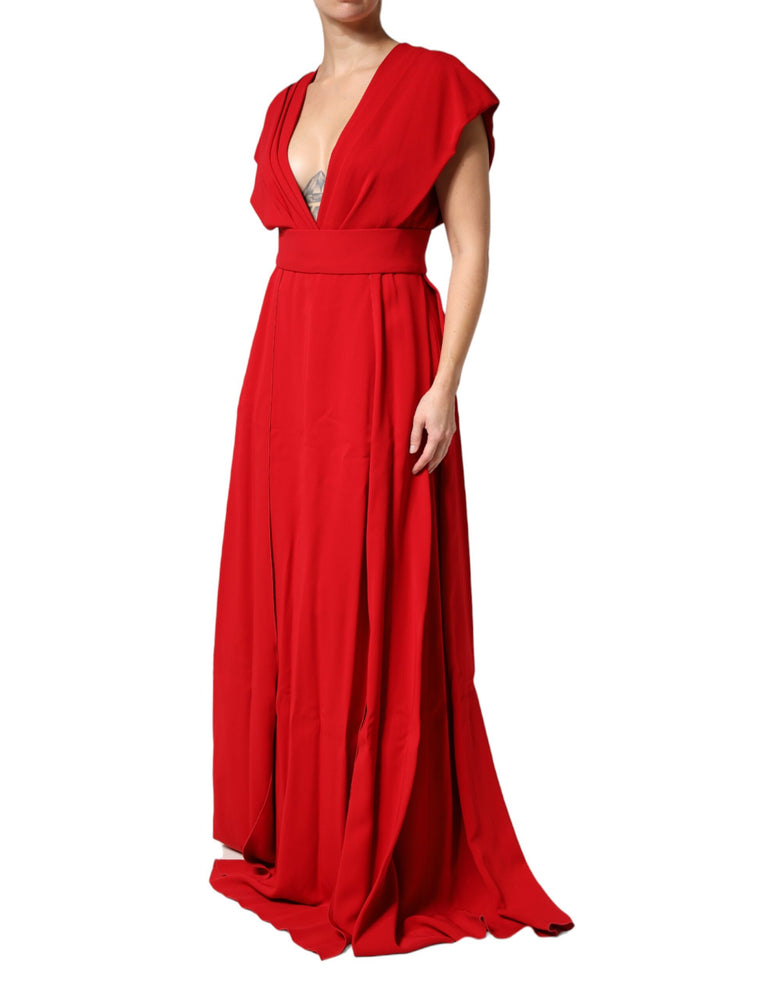 Dolce & Gabbana Red Viscose Plunging Neckline Long Maxi Dress